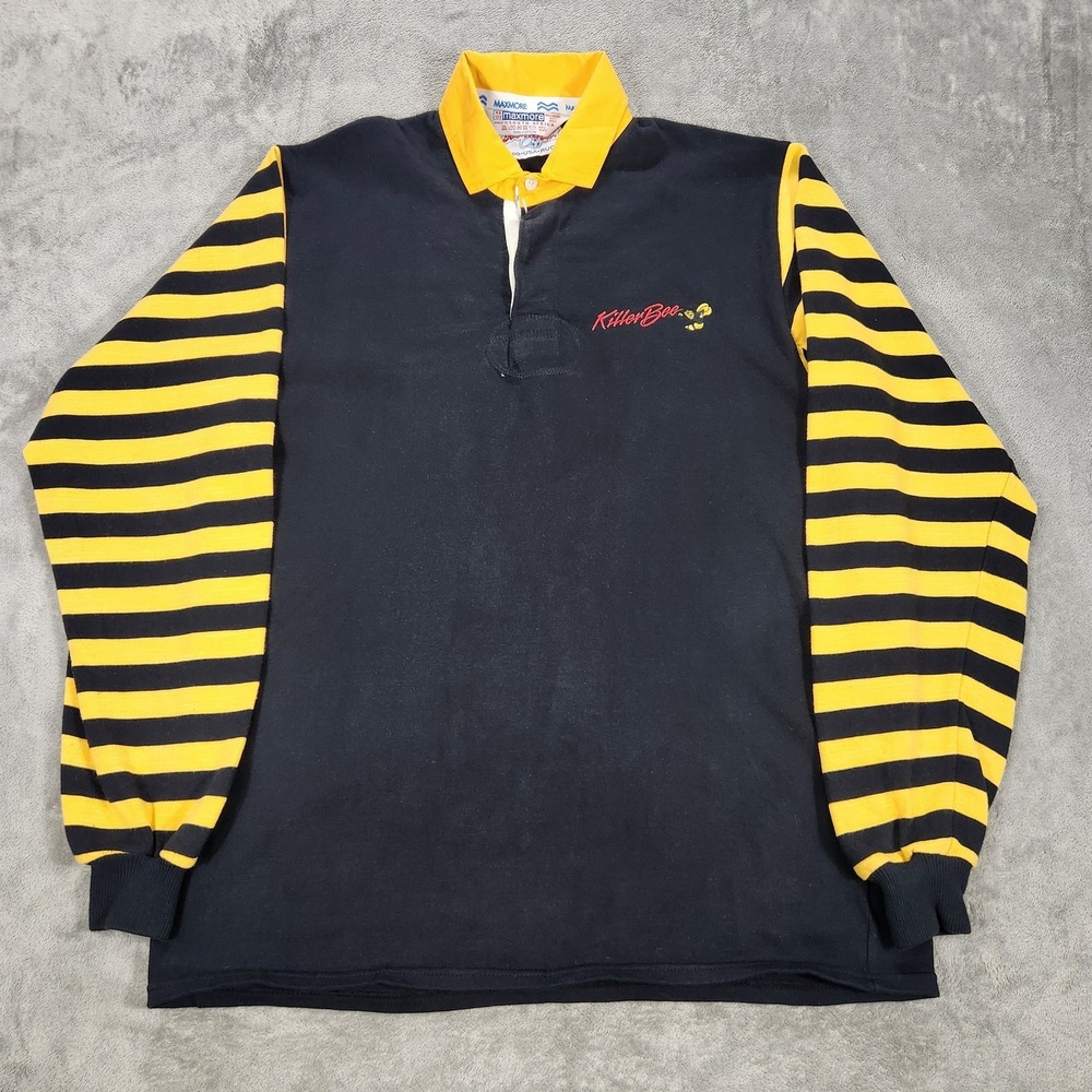 Maxmore Polo Shirt‎ Mens 48 Black Yellow Killer Bee Rugby Stripe Long Sleeve